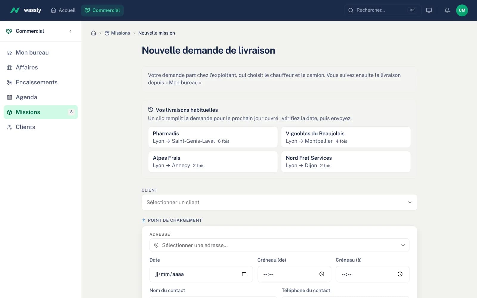 Espace commercial de Wassly : livraisons habituelles des clients, un clic remplit l’ordre de livraison pour le prochain jour ouvré.