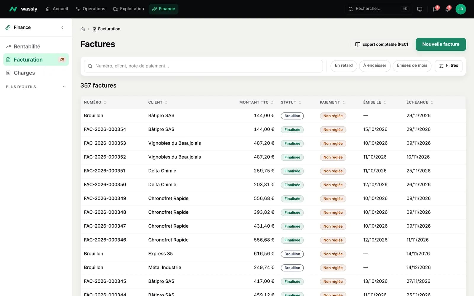 Liste des factures dans Wassly : numéros, clients, montants, statut et échéances.