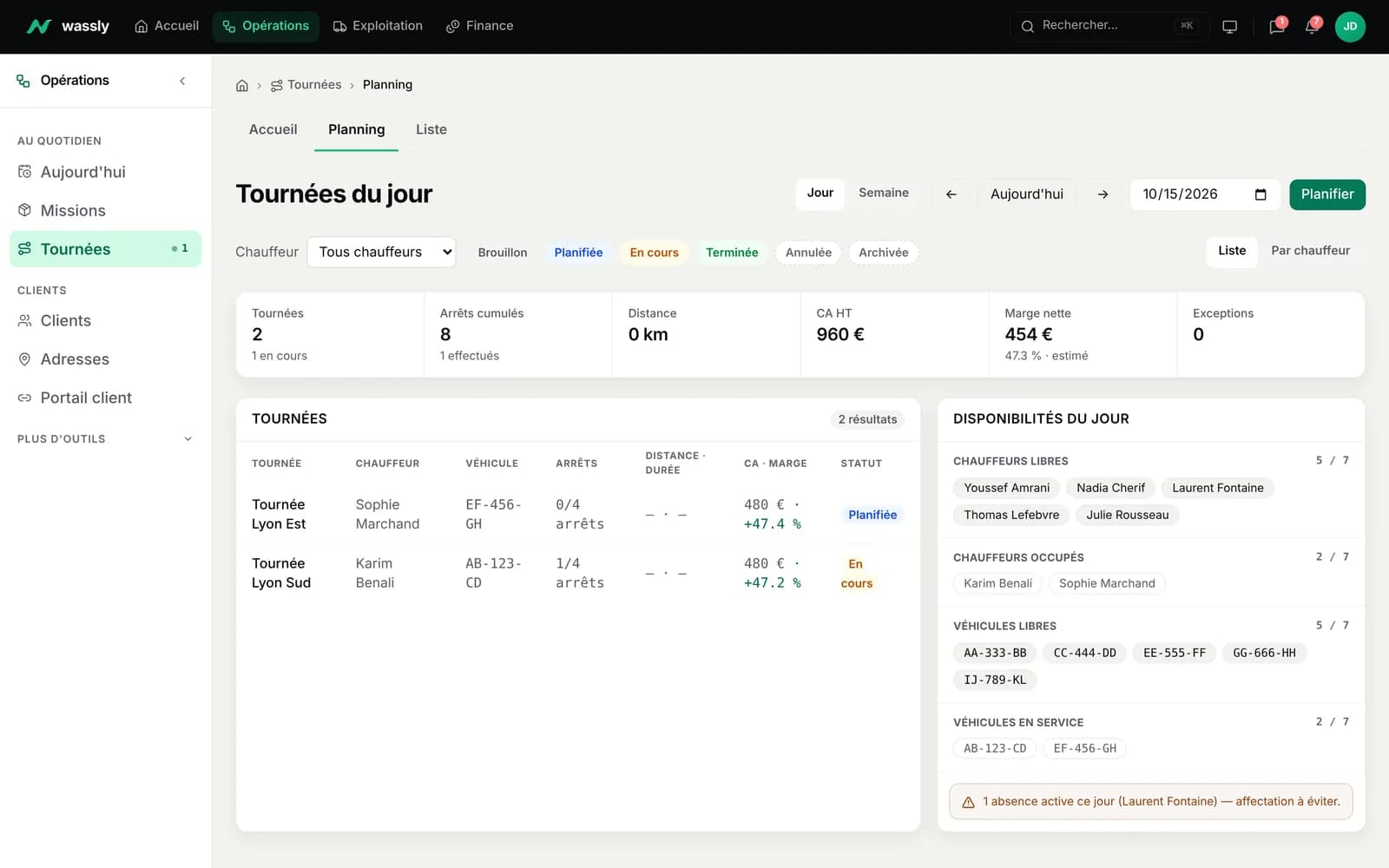Planning des tournées du jour dans Wassly : tournées, chauffeurs, véhicules libres et absences.